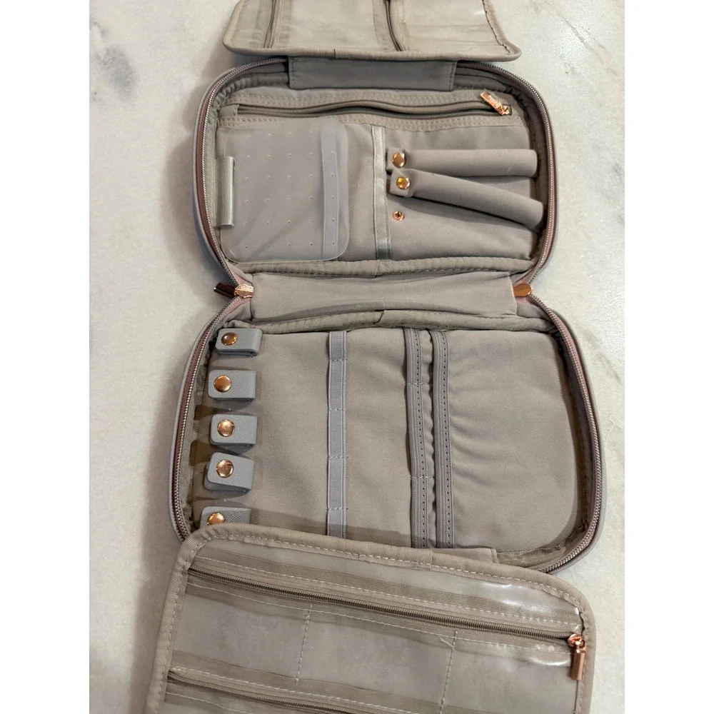 Modus Bags Jewelry Travel Organizer Case Grey Saffiano Vegan Leather Rose Gold
